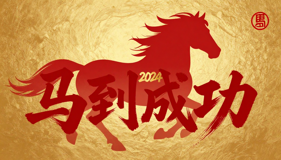 朱红书法‘马到成功’配金色奔马，2024新年祝福