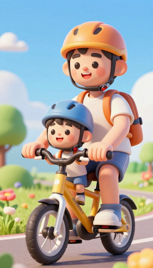 父子骑行欢乐时刻：C4D动漫风亲子互动