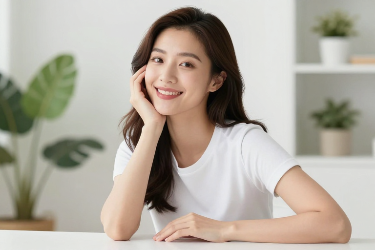 亚洲女性自然光微笑肖像，展现健康美
