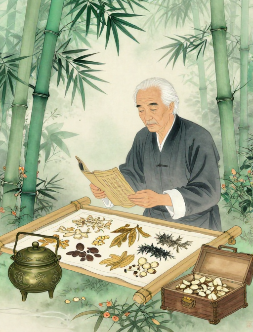 青绿竹韵：水墨风老中医晾晒草药
