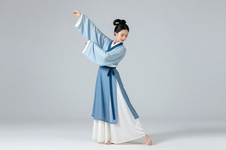 蓝白汉服舞者:清雅舞蹈瞬间