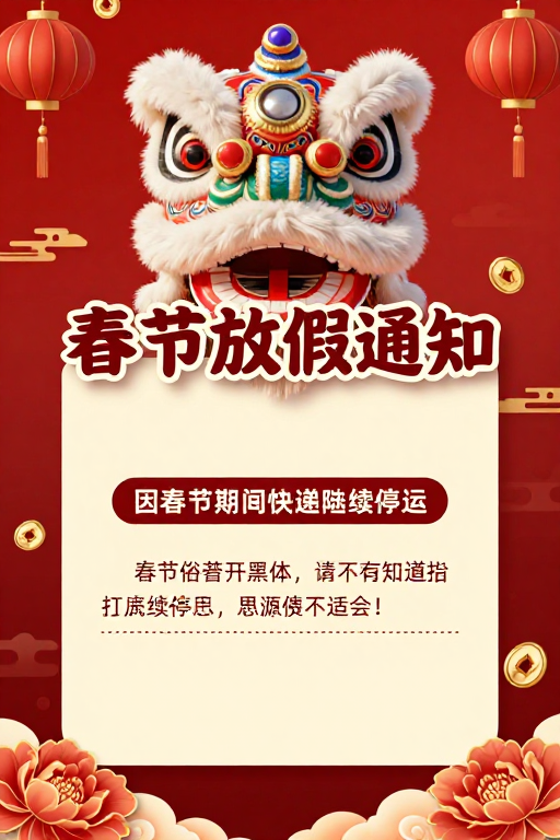 传统舞狮点缀新春佳节 红色海报通知春节放假