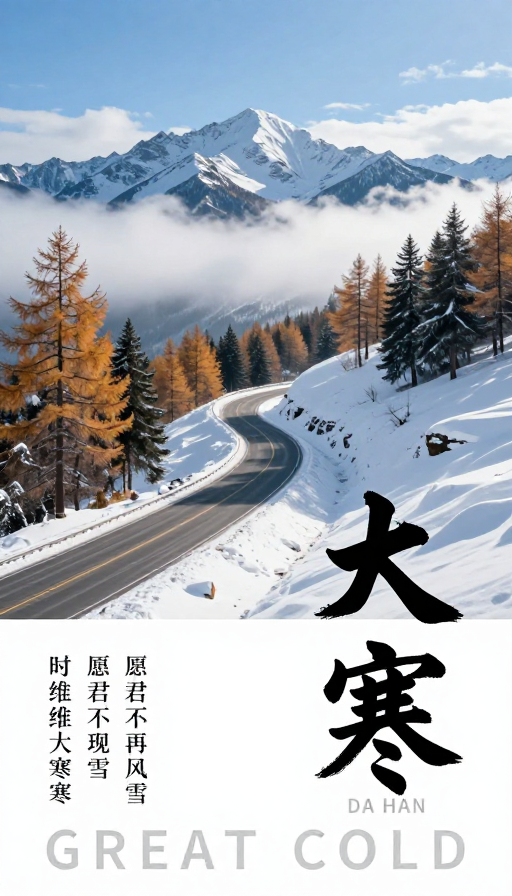 大雪纷飞的冬日公路水墨诗意海报