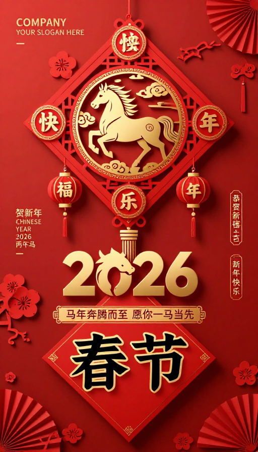 红金剪纸马年春节海报 传统艺术风格