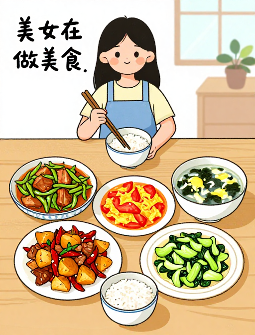 手绘漫画美女烹饪中华家常美食