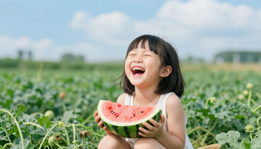 夏日西瓜地里的纯真笑容：高清人像摄影