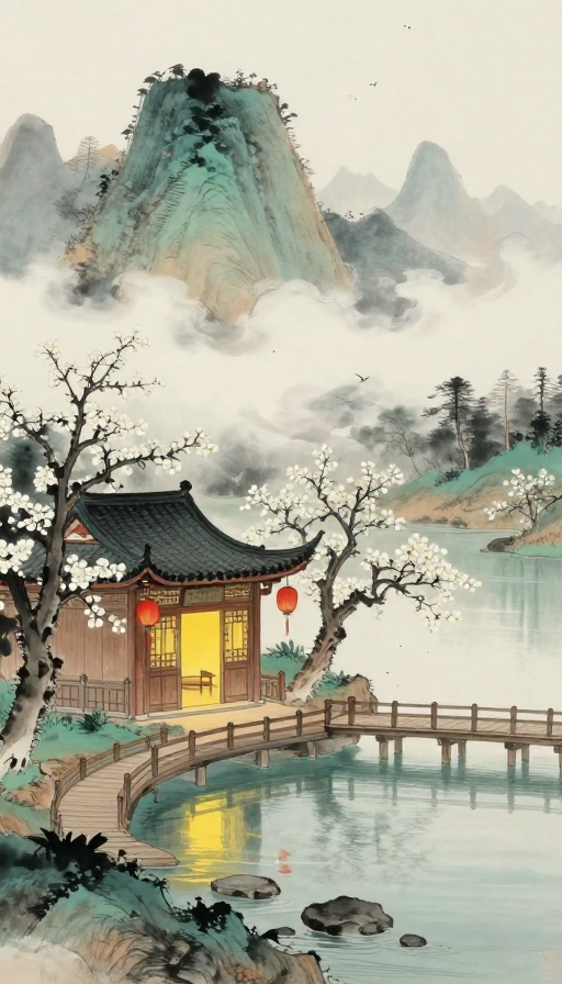 中式山水诗意：暖灯红灯笼与静谧湖畔的隐逸之境