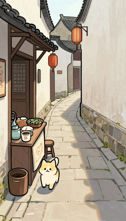 古风小巷日影：温馨简笔画中的萌宠与旧时光