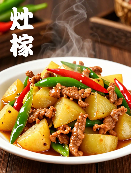 超写实青红椒土豆炒肉片:热气腾腾的时尚美食摄影