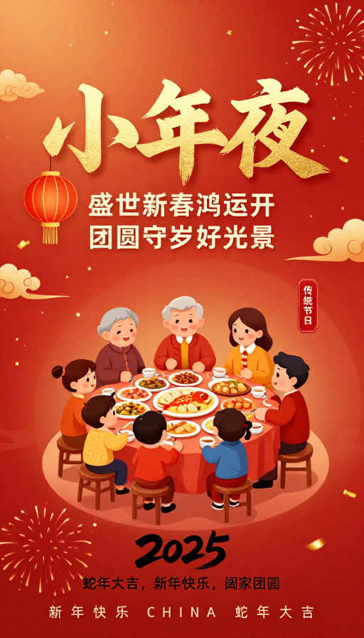 小年夜喜庆中国风插画：家庭团圆年夜饭