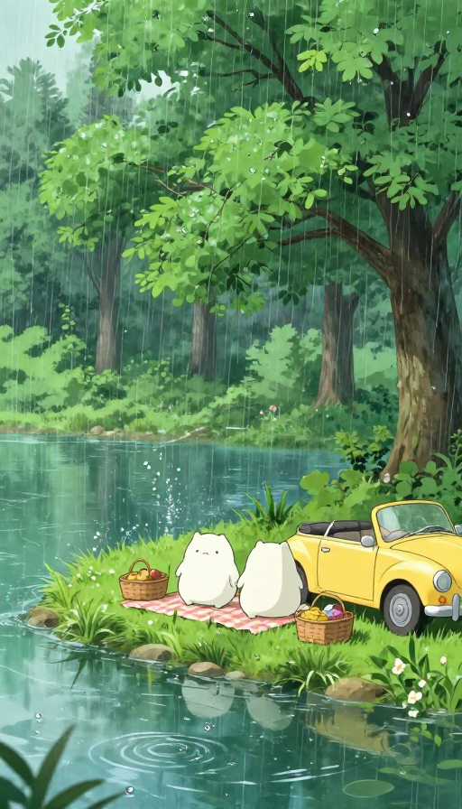 翠绿雨景中的梦幻森林野餐