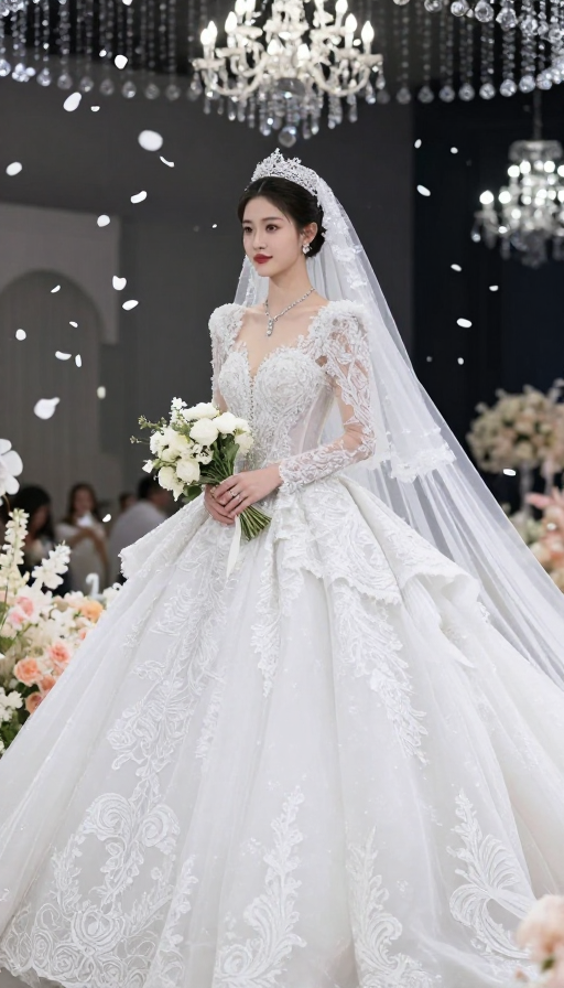 奢华中式婚礼:优雅新娘在浪漫现场漫步