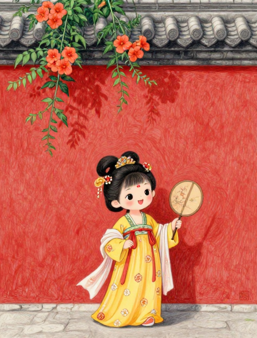 古韵唐女:彩铅红墙凌霄花下的仙气少女