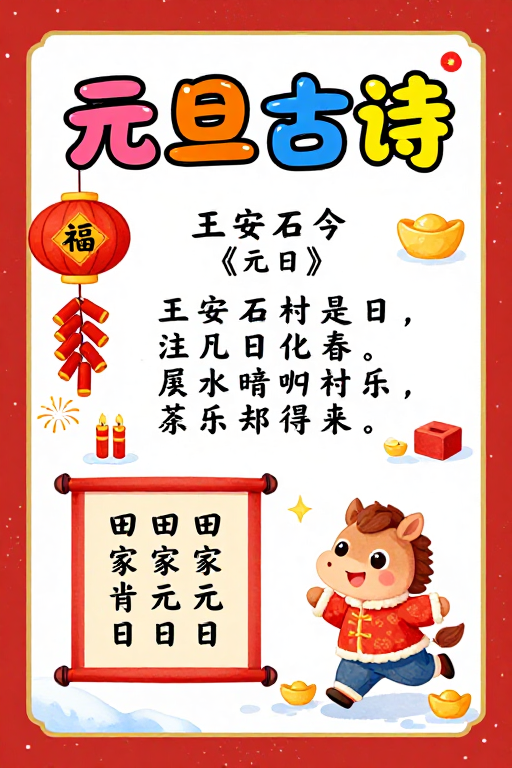 元旦童趣古诗海报·喜庆水彩手绘风