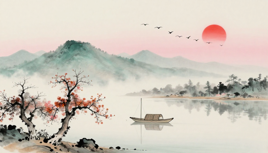 水墨山水·青灰远山与朱红落日