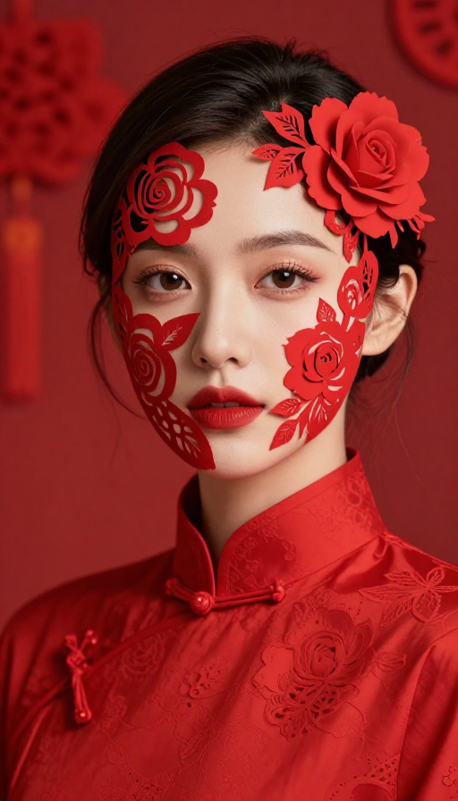 红袍佳人：剪纸玫瑰点缀的中国新年人像