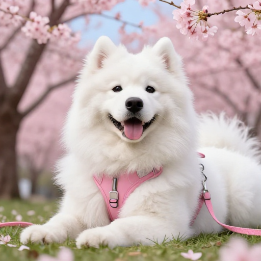 粉樱蓝天下微笑的萨摩耶宠物摄影