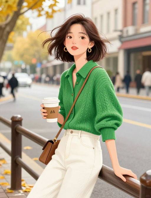 秋日街头彩铅美少女:咖啡与微风中的繁华