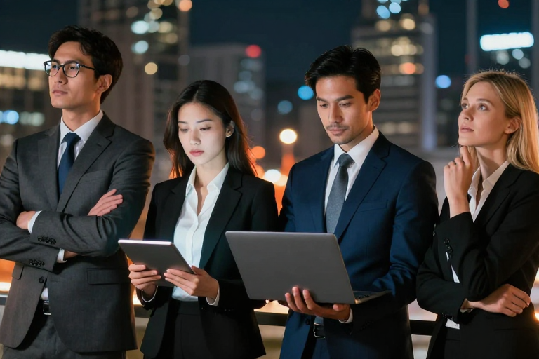 都市夜景中的专业商务团队合影