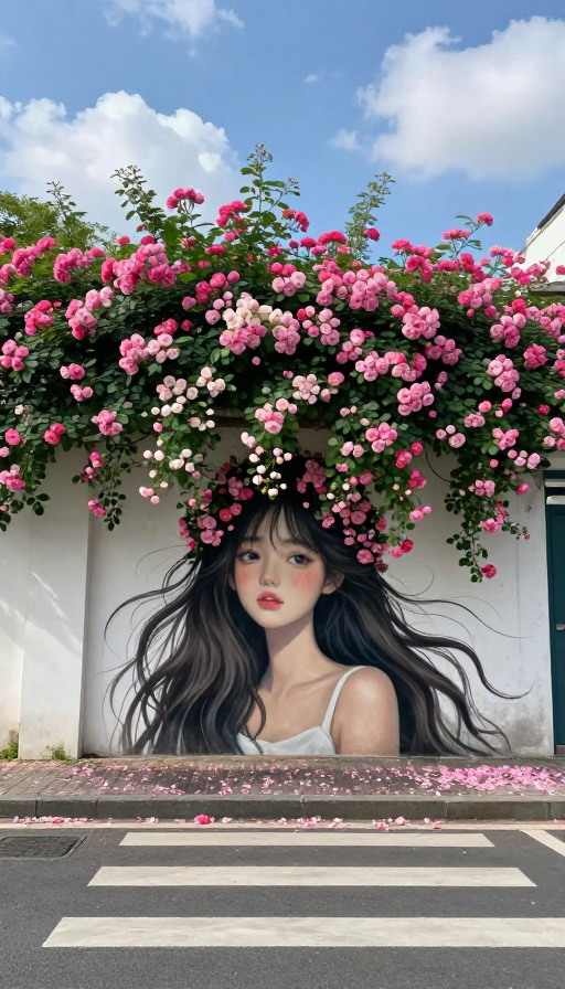蔷薇花环下的街头美少女