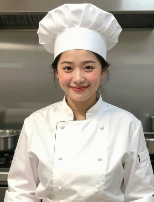 厨房随拍:圆脸女厨师的自信微笑