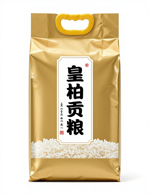 皇柏贡粮大米包装金属质感高清特写