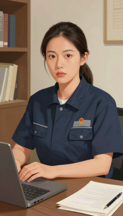 严肃帅气的亚洲女在岗工人厚涂插画肖像