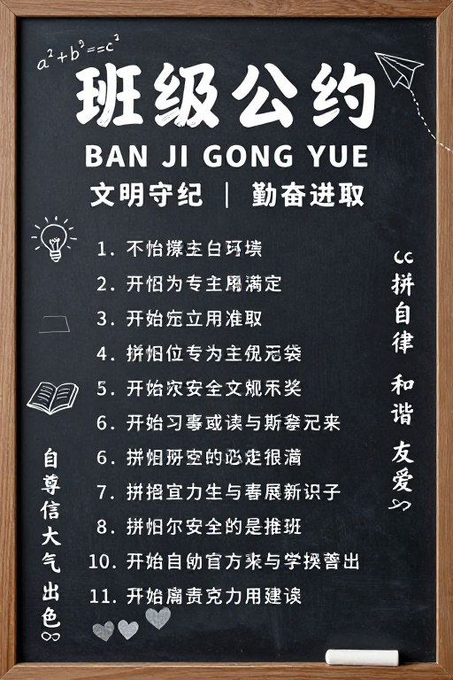 清新黑板风格：班级公约与校园自律展示