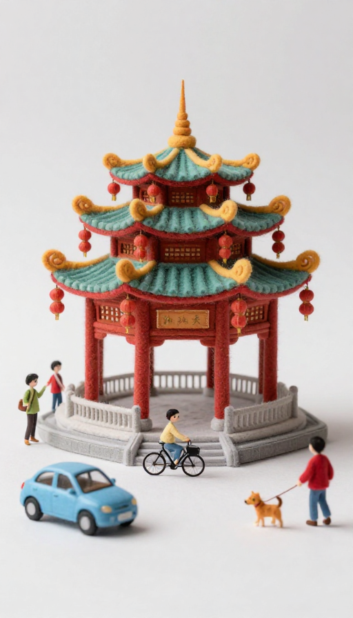 毛茸茸羊毛毡微缩景观:汕头中山纪念亭童趣定格动画