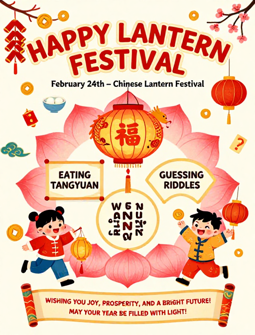 元宵佳节手绘插画,童趣洋溢的传统节庆海报