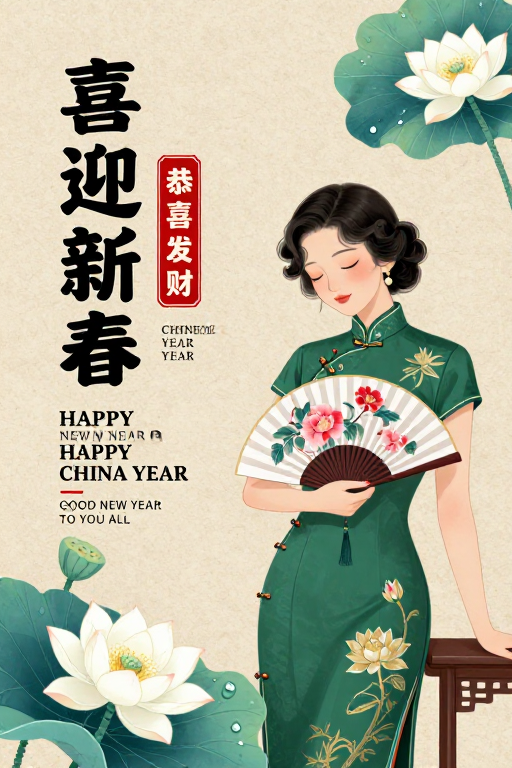 新中式春节贺岁海报：温婉女性与古典意境融合