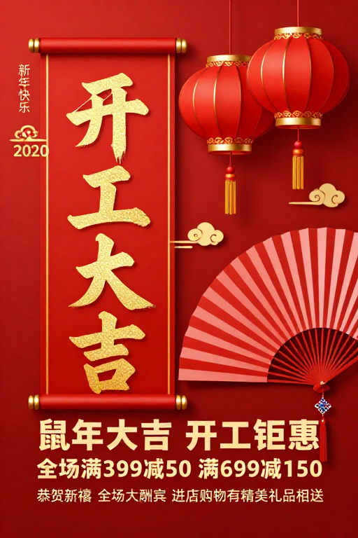 2020鼠年大吉：红色中国风开工促销海报