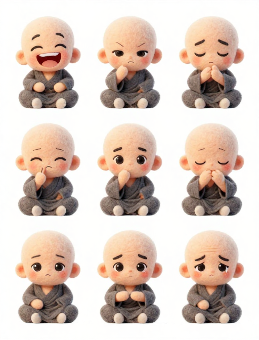 毛毡小佛祖萌系表情集：纯白背景下的Q版趣味瞬间