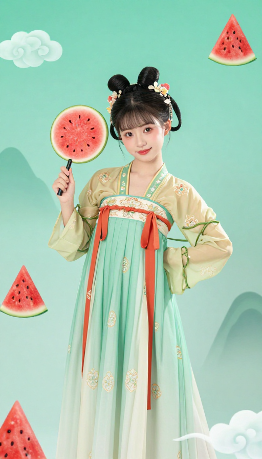 国潮西瓜仙子：汉韵襦裙与瓜藤云卷的夏日诗意