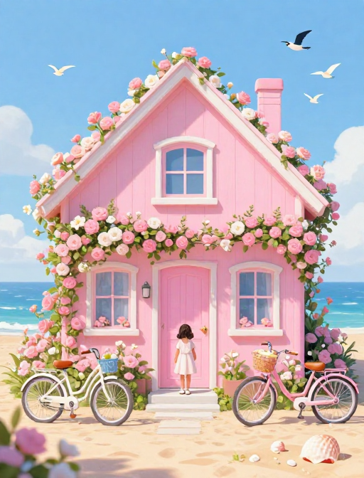 粉色梦境:海边花屋与天使女孩的治愈时光