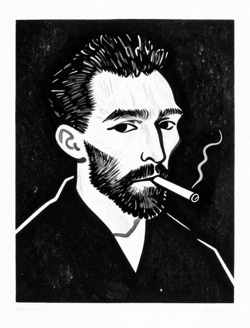 梵高自画像抽象风：极简黑白木刻艺术肖像