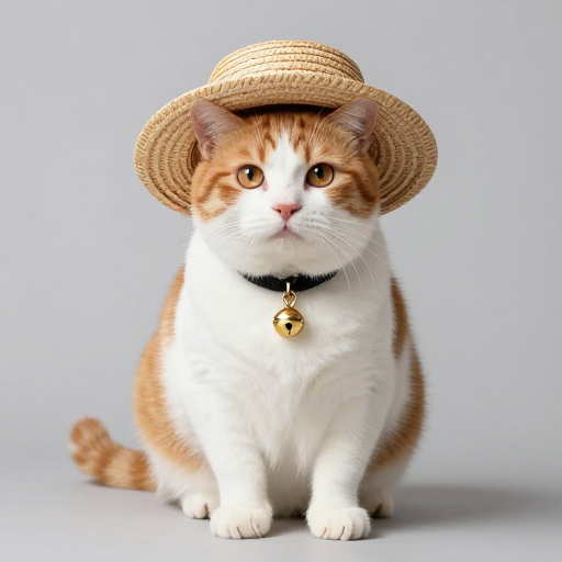 戴草帽的橘猫凝视镜头:精致宠物广告摄影