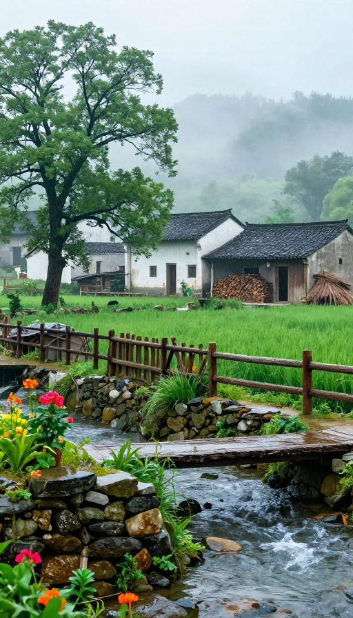 春雨润古村:8K高清写实中国农村晨景