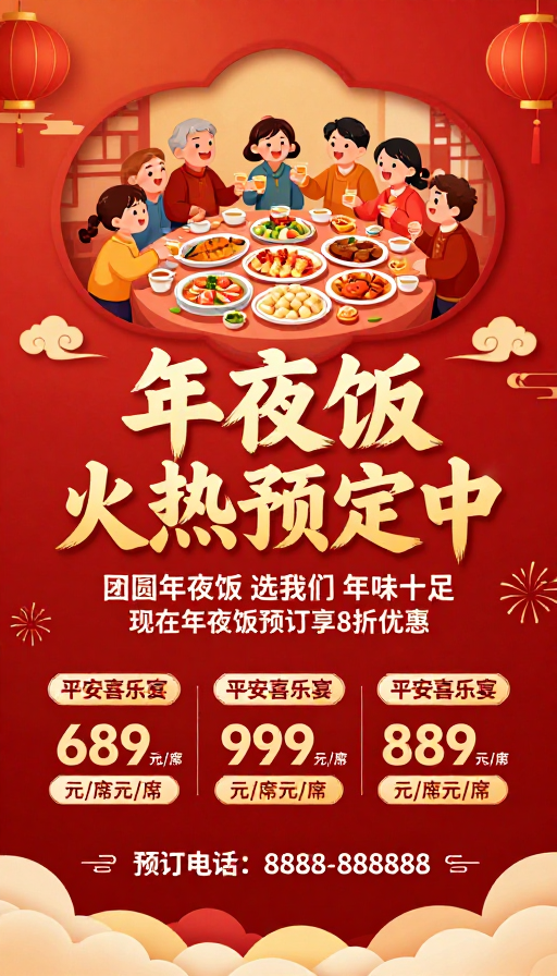 喜庆中国风团圆年夜饭火热预定海报