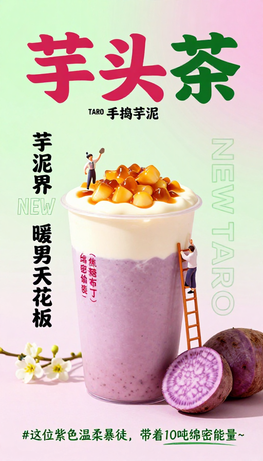 芋泥茶香四溢·梦幻微缩手捣奶茶海报