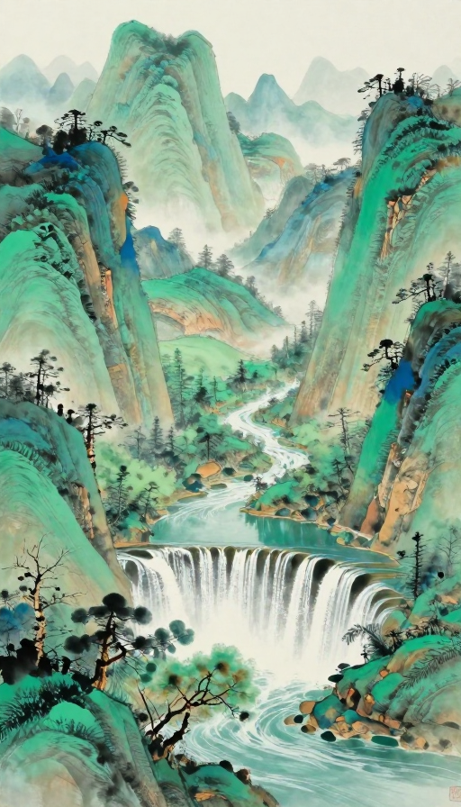 敦煌色浸染·小七孔水墨山水画卷