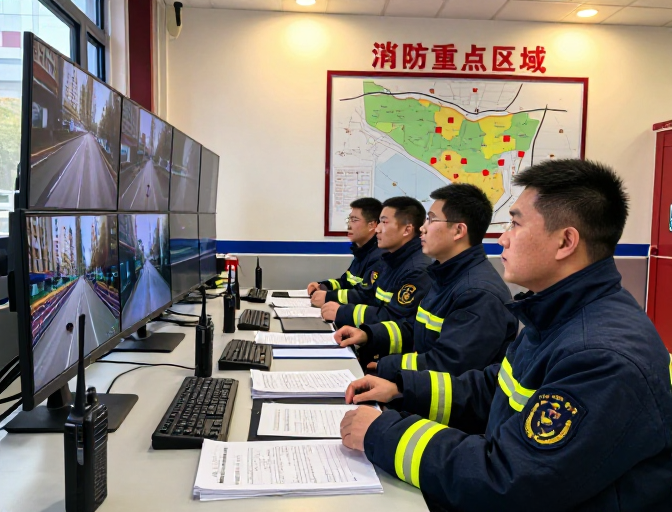 深蓝制服消防员专注守护城市安全