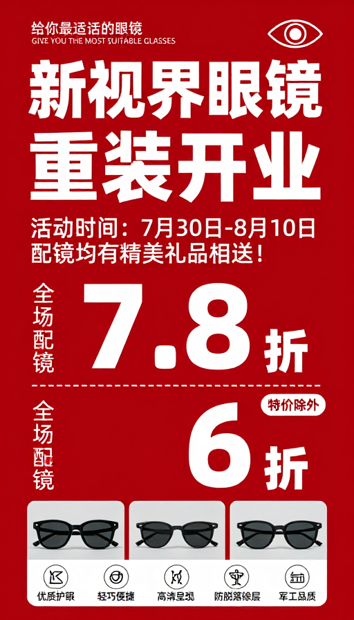 新视界眼镜重装开业促销海报
