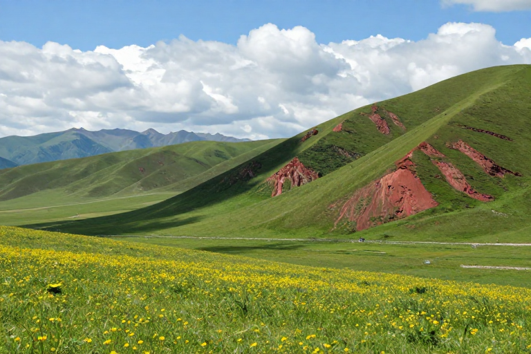 翠绿草原与红岩山脉的壮丽风景摄影