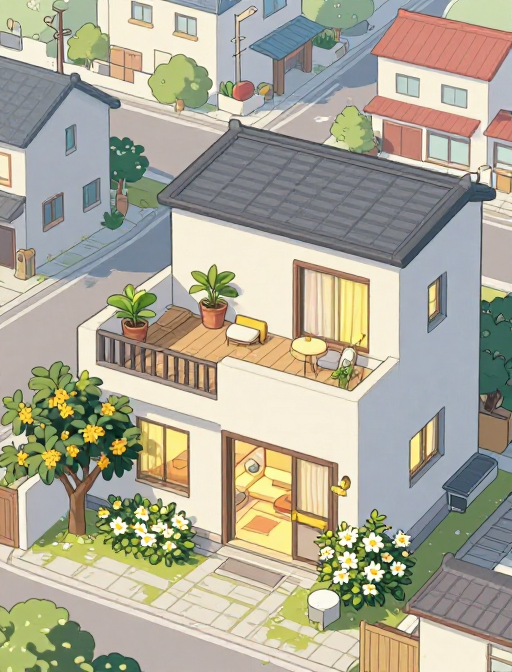 治愈田园：现代农家小院与街区全景的二次元治愈插画