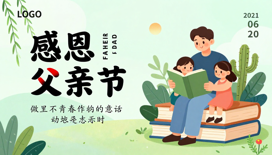 温馨父亲节海报：扁平插画展现亲情书香
