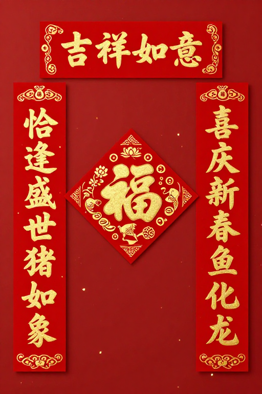 典雅中国风春节对联设计,正红烫金彰显吉祥富贵
