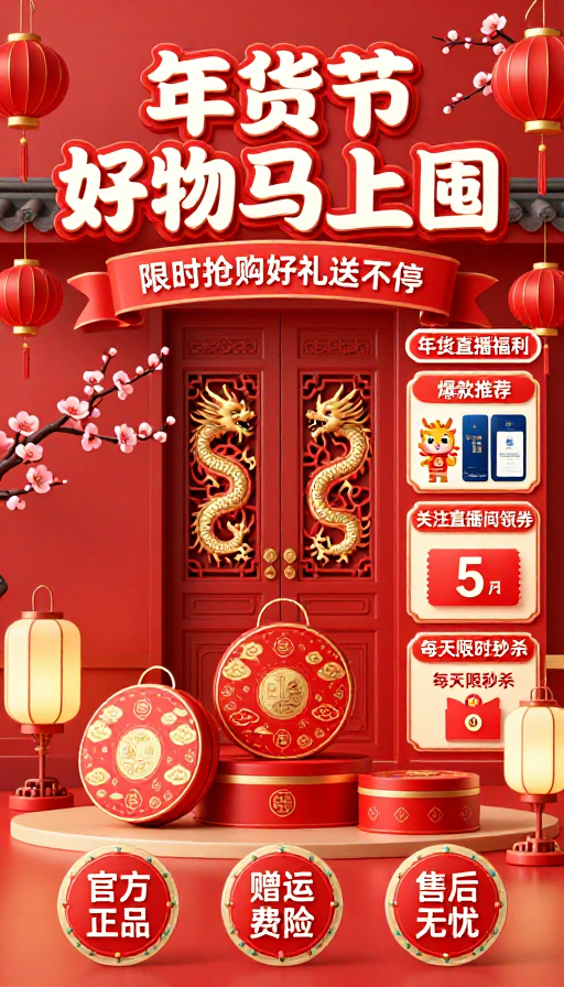 喜庆中国风年货节促销海报，红金配色节日仪式感