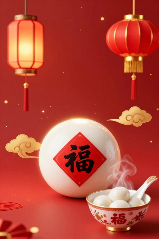 喜庆团圆：传统红金福字汤圆海报