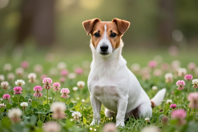 杰克罗素萌犬三叶草草地高清写真